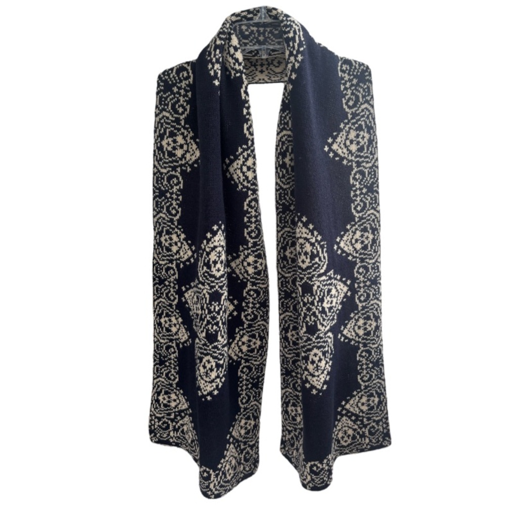 Vintage Knit Scarf Fair Isle Pattern Ornate Print Winter Design Navy Cream Beige - Picture 10 of 13